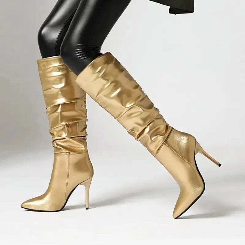Spring And Autumn Stiletto Gold And Silver Boots-1