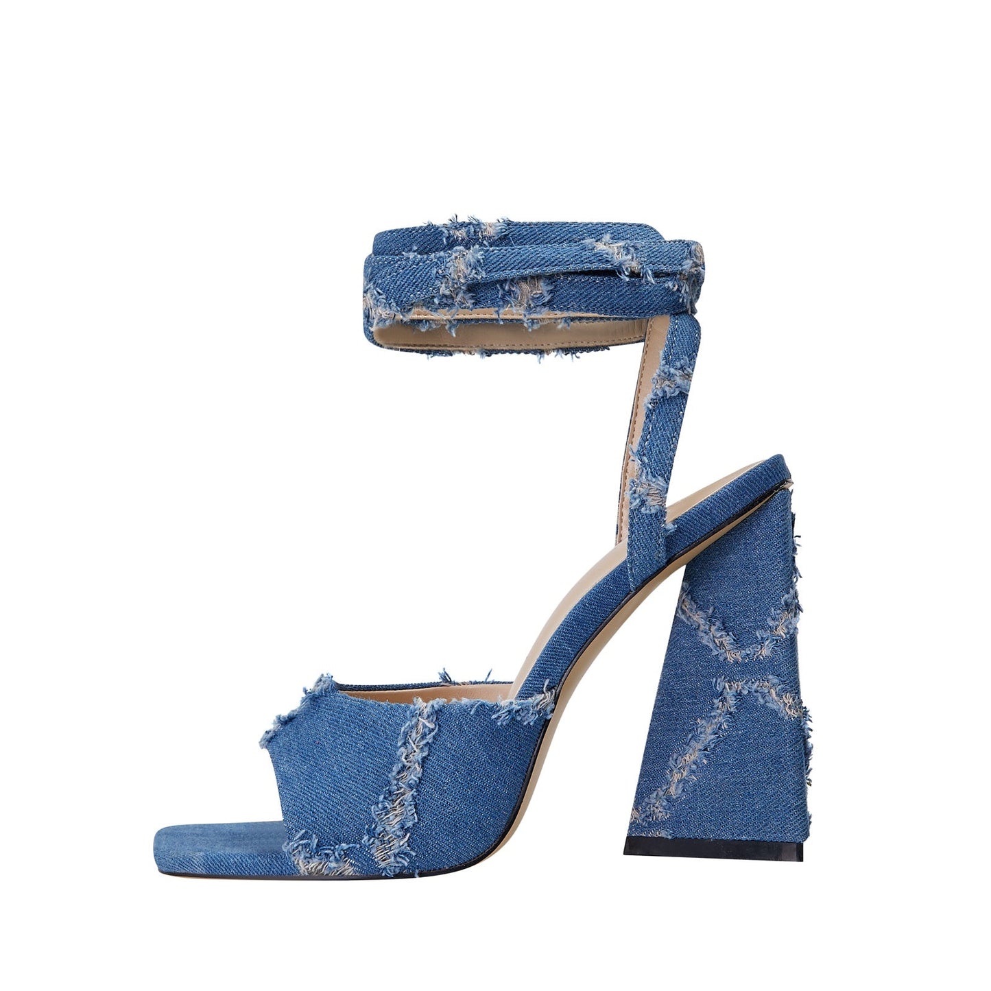 Square Toe Diamond Pattern Denim Ankle Strap Sandals-0