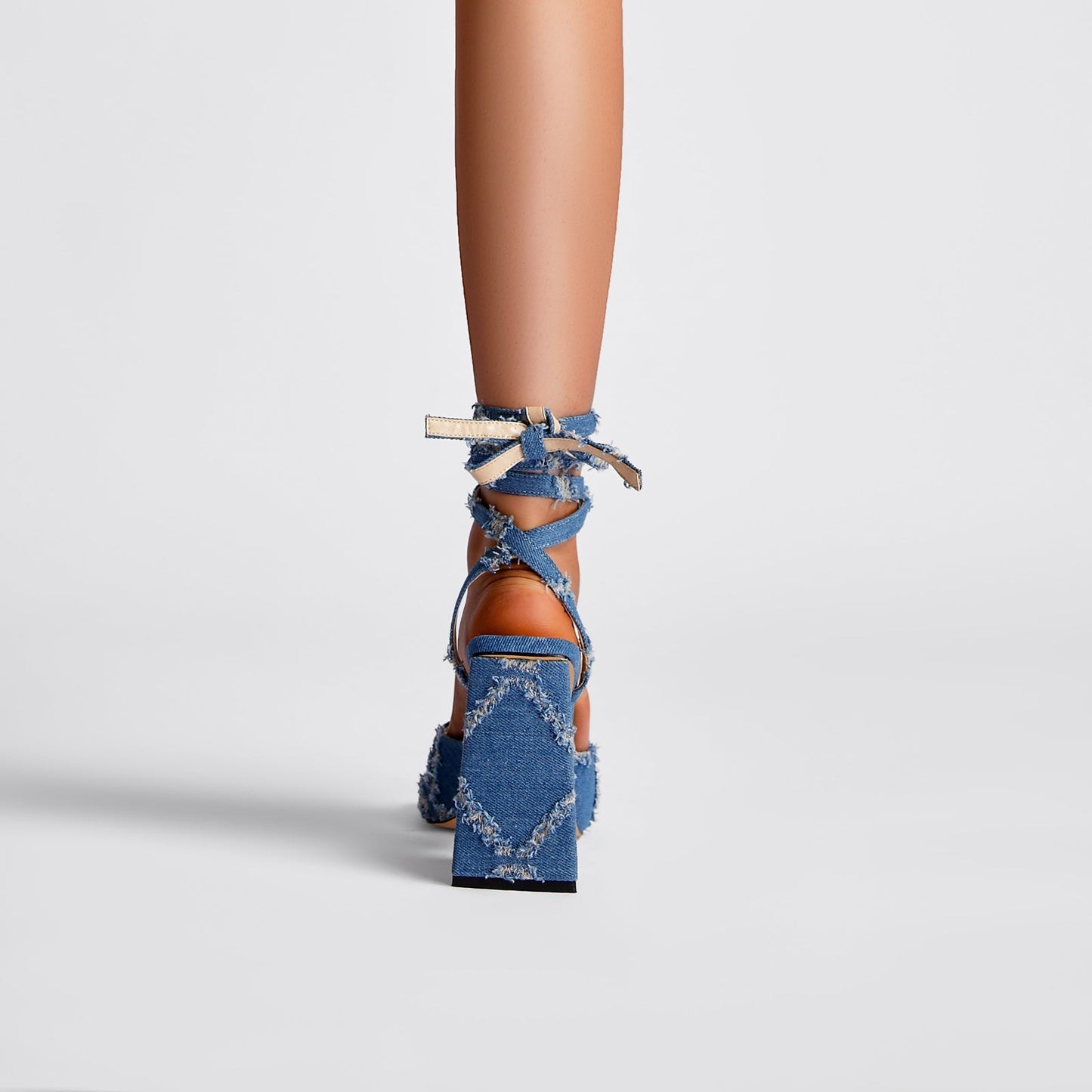 Square Toe Diamond Pattern Denim Ankle Strap Sandals-2