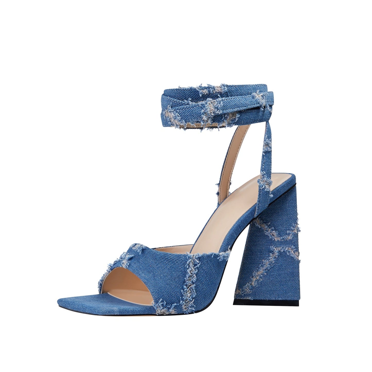 Square Toe Diamond Pattern Denim Ankle Strap Sandals-3