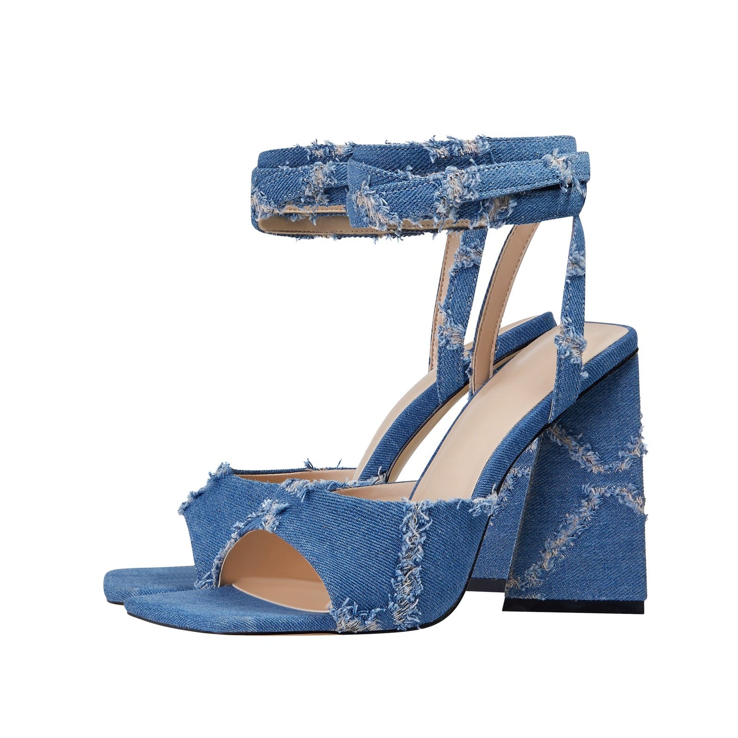 Square Toe Diamond Pattern Denim Ankle Strap Sandals-4