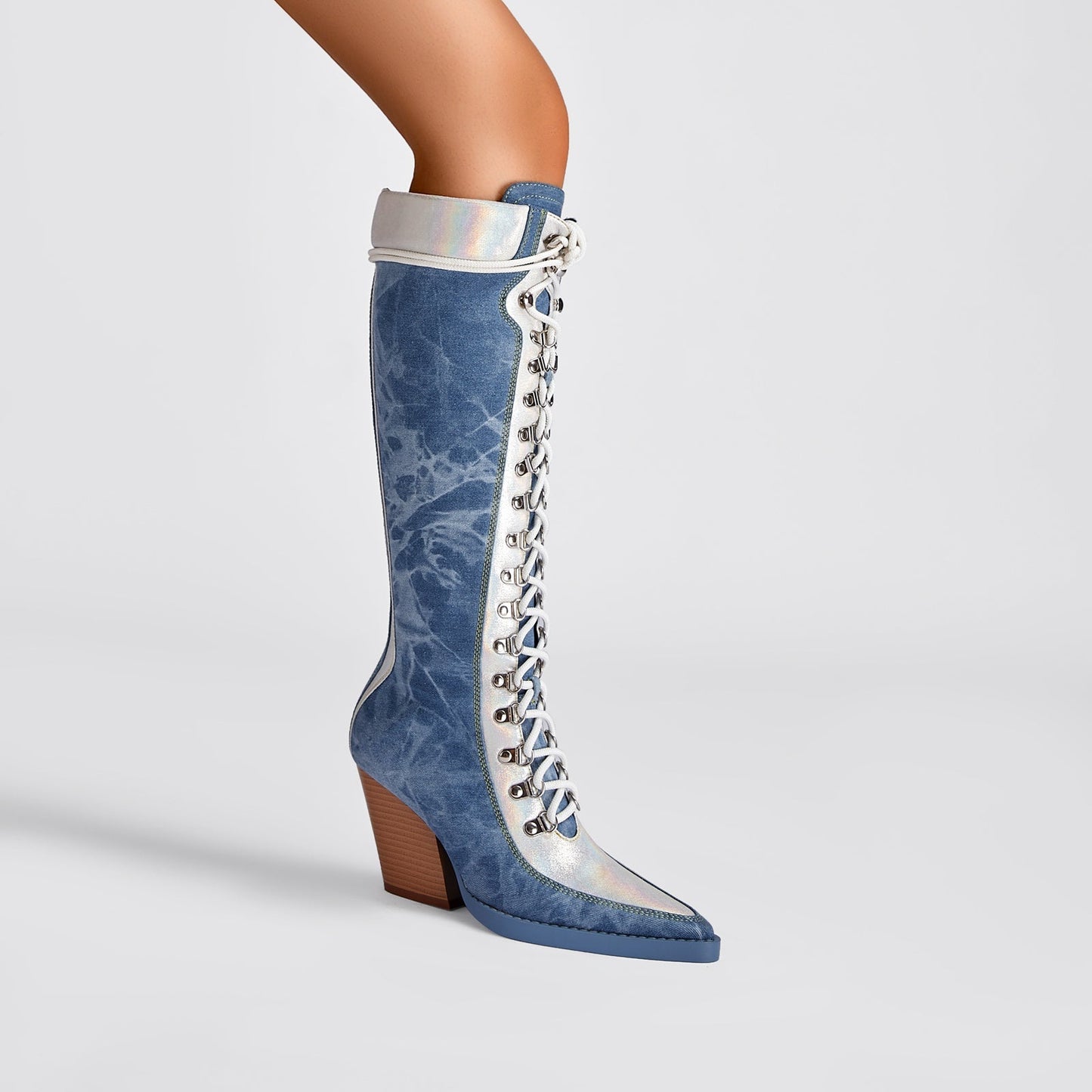 Texas Denim Lace Up Knee High Boots-1
