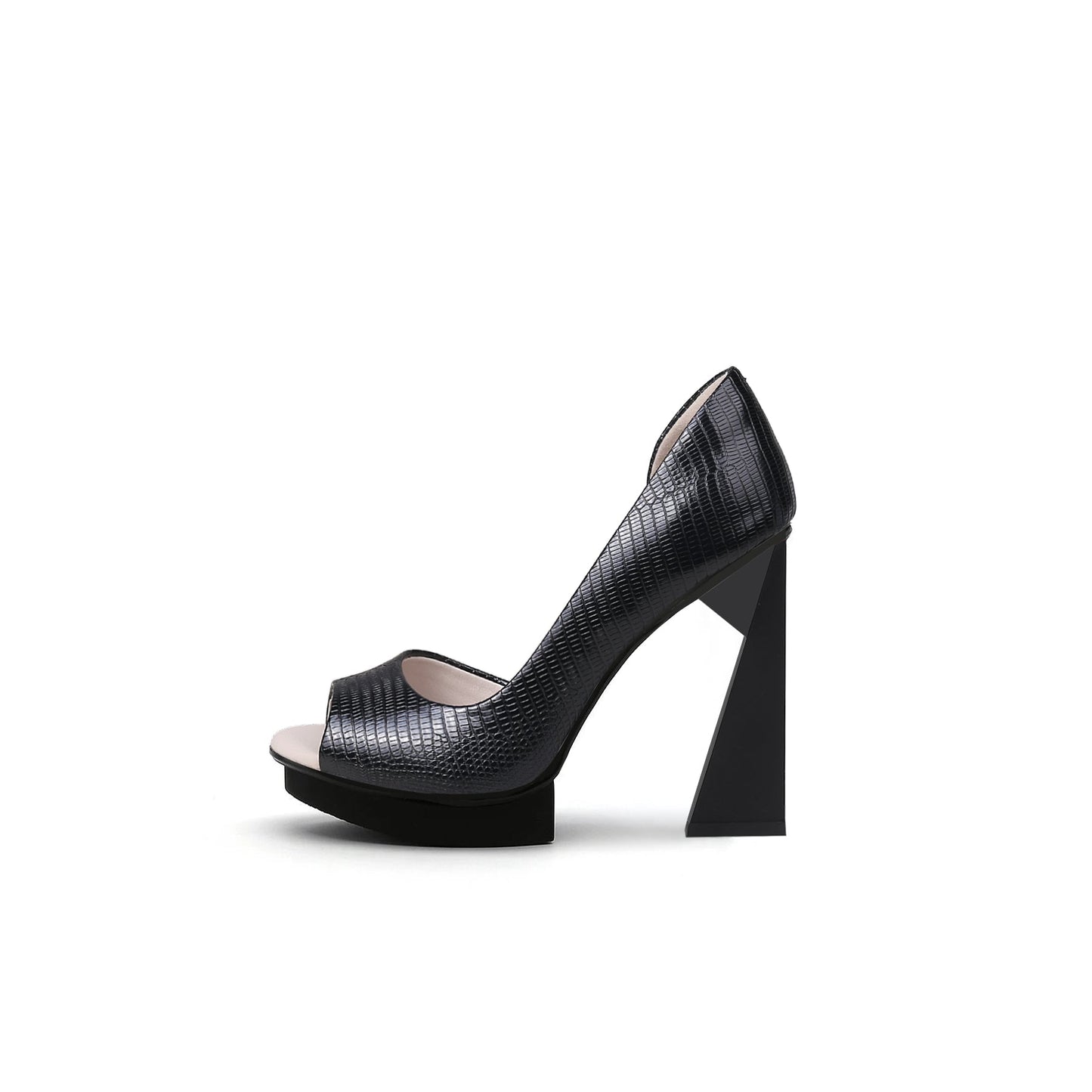 Textured Open Toe Trape Heel Pumps-0