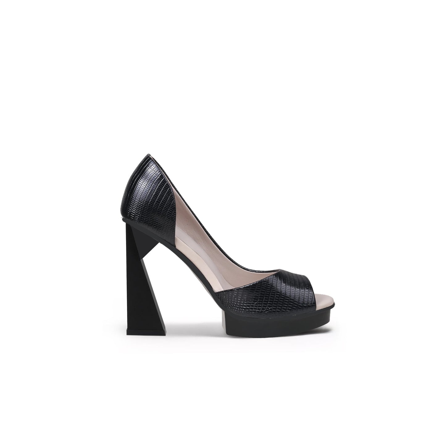 Textured Open Toe Trape Heel Pumps-2