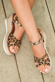 Chestnut Rhinestone Flower Decor Leopard Strappy Wedge Sandals