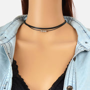Gothic Hippie Black Pu Leather Double Layer Choker Cool Collar Short Necklace-0