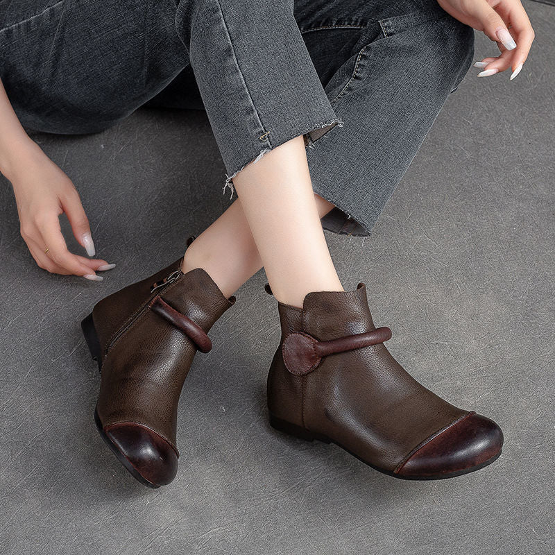 Bottes en cuir souple style rétro pour femmes, fermeture éclair latérale, tête ronde plate, bottes simples Dr Martens