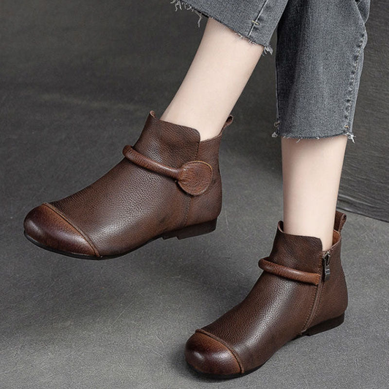 Bottes en cuir souple style rétro pour femmes, fermeture éclair latérale, tête ronde plate, bottes simples Dr Martens