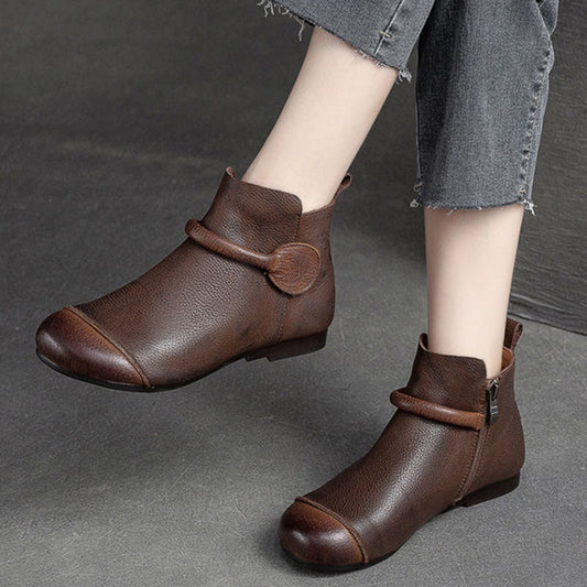 Bottes en cuir souple style rétro pour femmes, fermeture éclair latérale, tête ronde plate, bottes simples Dr Martens