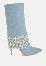 Mike Drop Diamante & Rhinestones Denim Boots-0