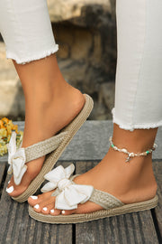 White Stitched Bow Decor Woven Flip Flop Slippers