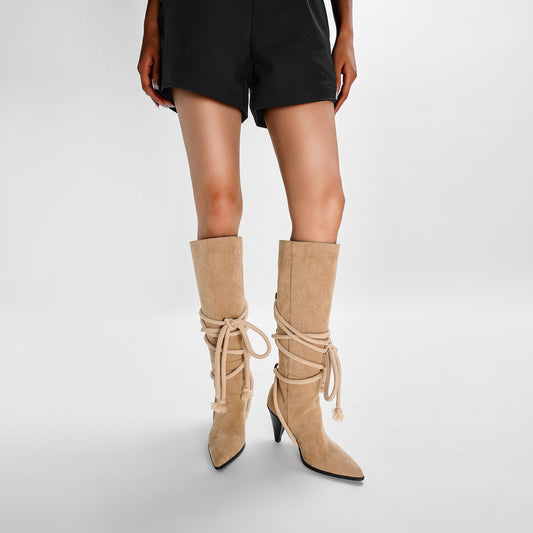 Apricot Lace Tie Pointed Bohemian Knee High Boots-0