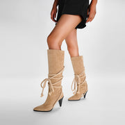 Apricot Lace Tie Pointed Bohemian Knee High Boots-1