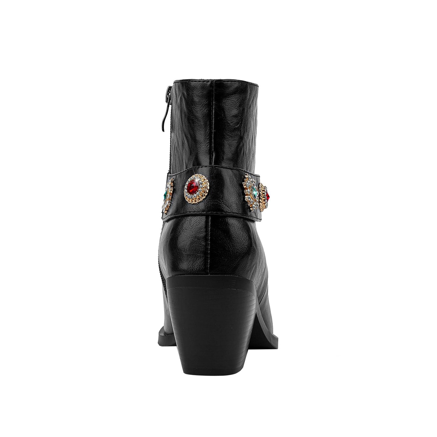 Autumn Crystal Embellished Strap Western Black Ankle Boots-3