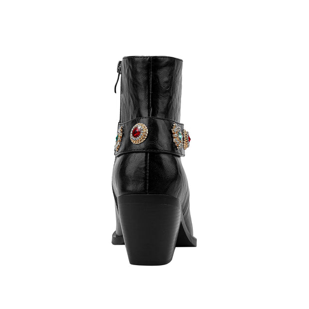 Autumn Crystal Embellished Strap Western Black Ankle Boots-3