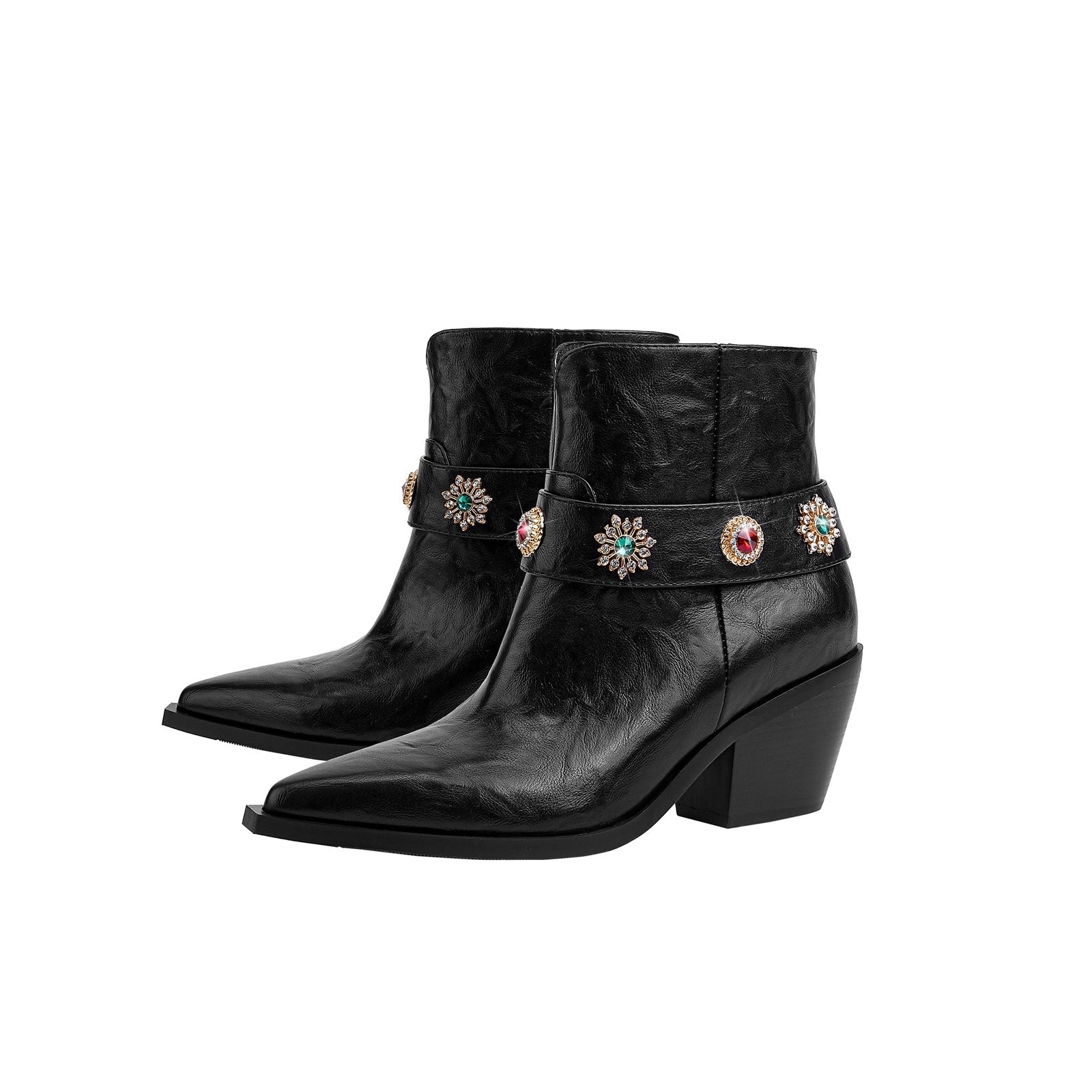 Autumn Crystal Embellished Strap Western Black Ankle Boots-4