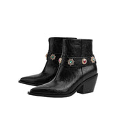 Autumn Crystal Embellished Strap Western Black Ankle Boots-4