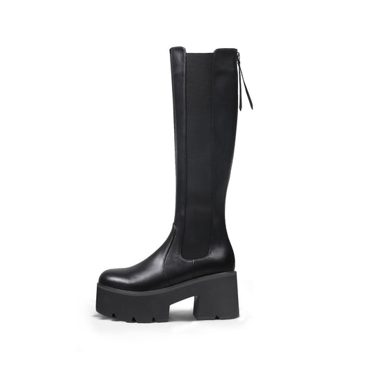 Elastic Back Zip Black Platorm Knee-High Boots-0