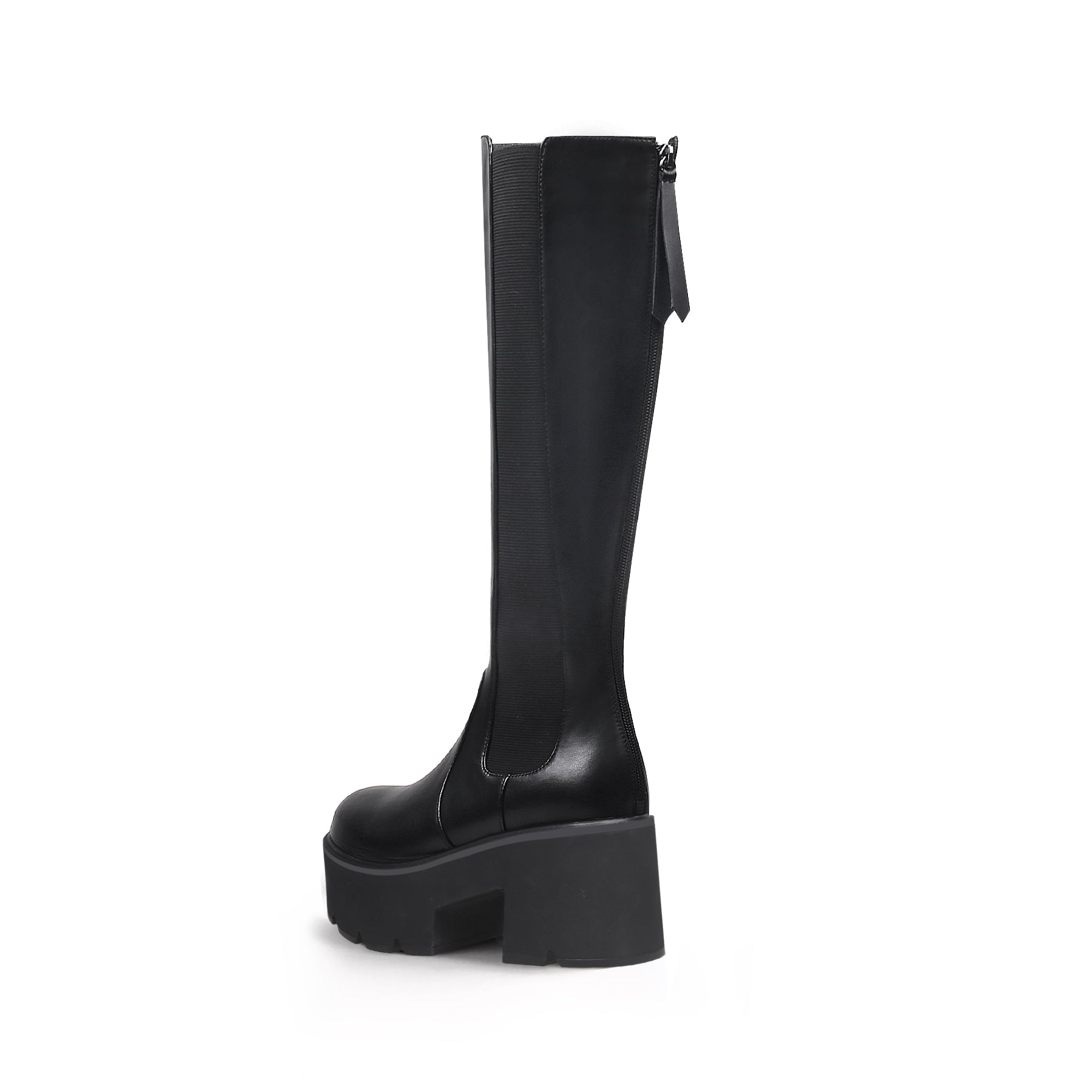 Elastic Back Zip Black Platorm Knee-High Boots-2