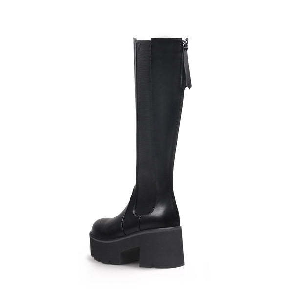 Elastic Back Zip Black Platorm Knee-High Boots-2