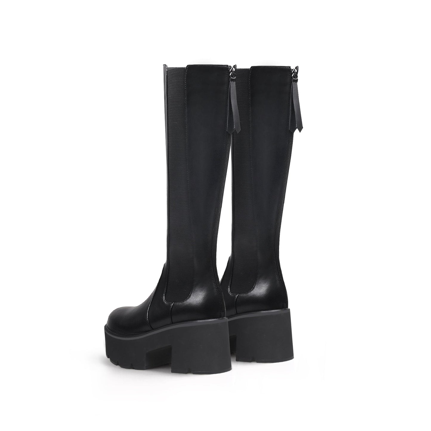 Elastic Back Zip Black Platorm Knee-High Boots-3