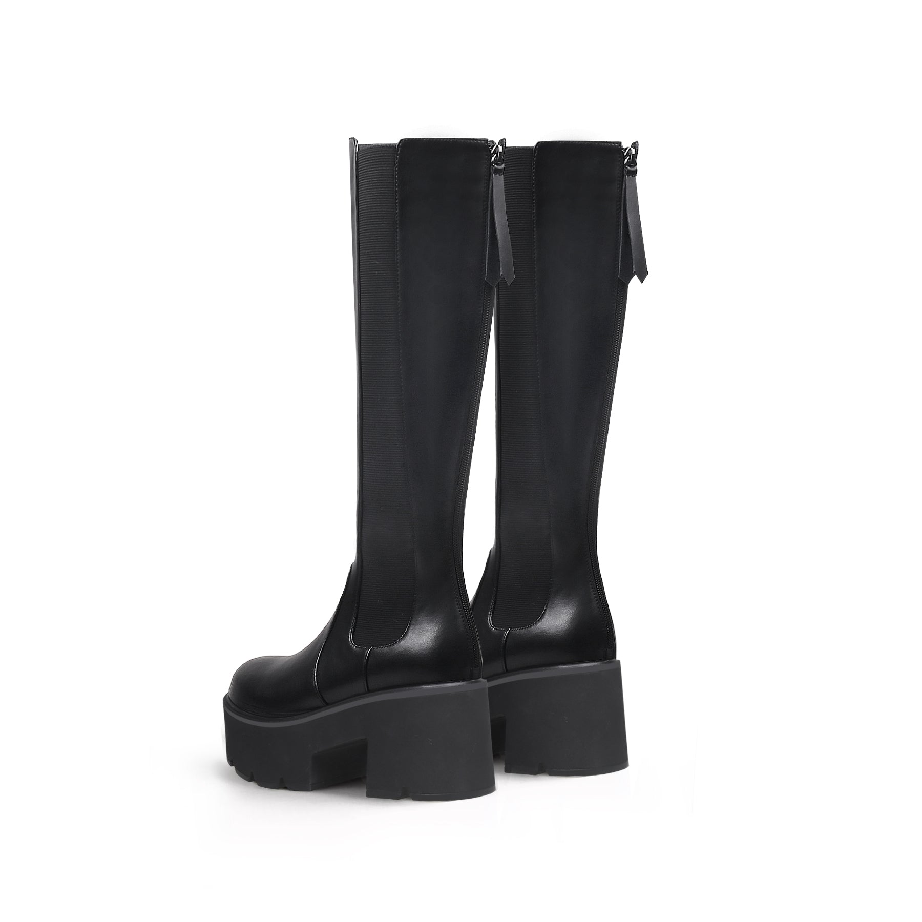 Elastic Back Zip Black Platorm Knee-High Boots-3
