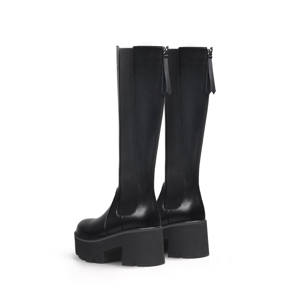 Elastic Back Zip Black Platorm Knee-High Boots-3
