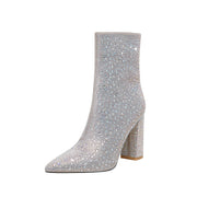 Bedazzled Silver White Mid Ankle Boots-1