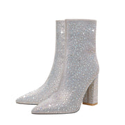Bedazzled Silver White Mid Ankle Boots-2