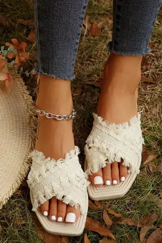 Beige Tassel Woven Crossed Straps Flat Slippers-0