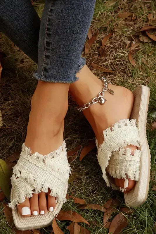 Beige Tassel Woven Crossed Straps Flat Slippers-1