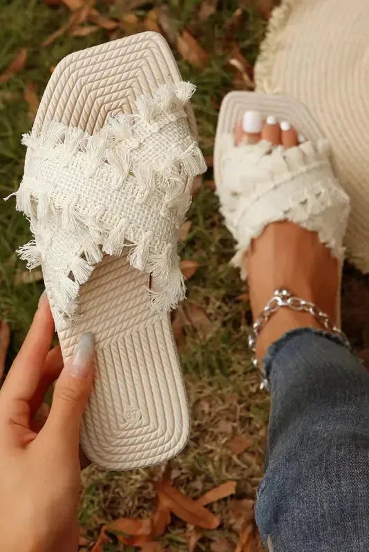 Beige Tassel Woven Crossed Straps Flat Slippers-2