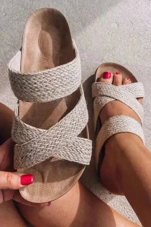 Beige Woven Criss-Cross Slippers-0