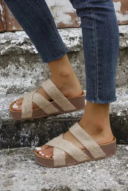 Beige Woven Criss-Cross Slippers-3