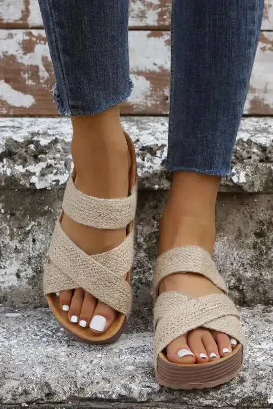 Beige Woven Criss-Cross Slippers-2