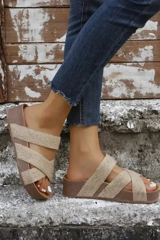 Beige Woven Criss-Cross Slippers-1