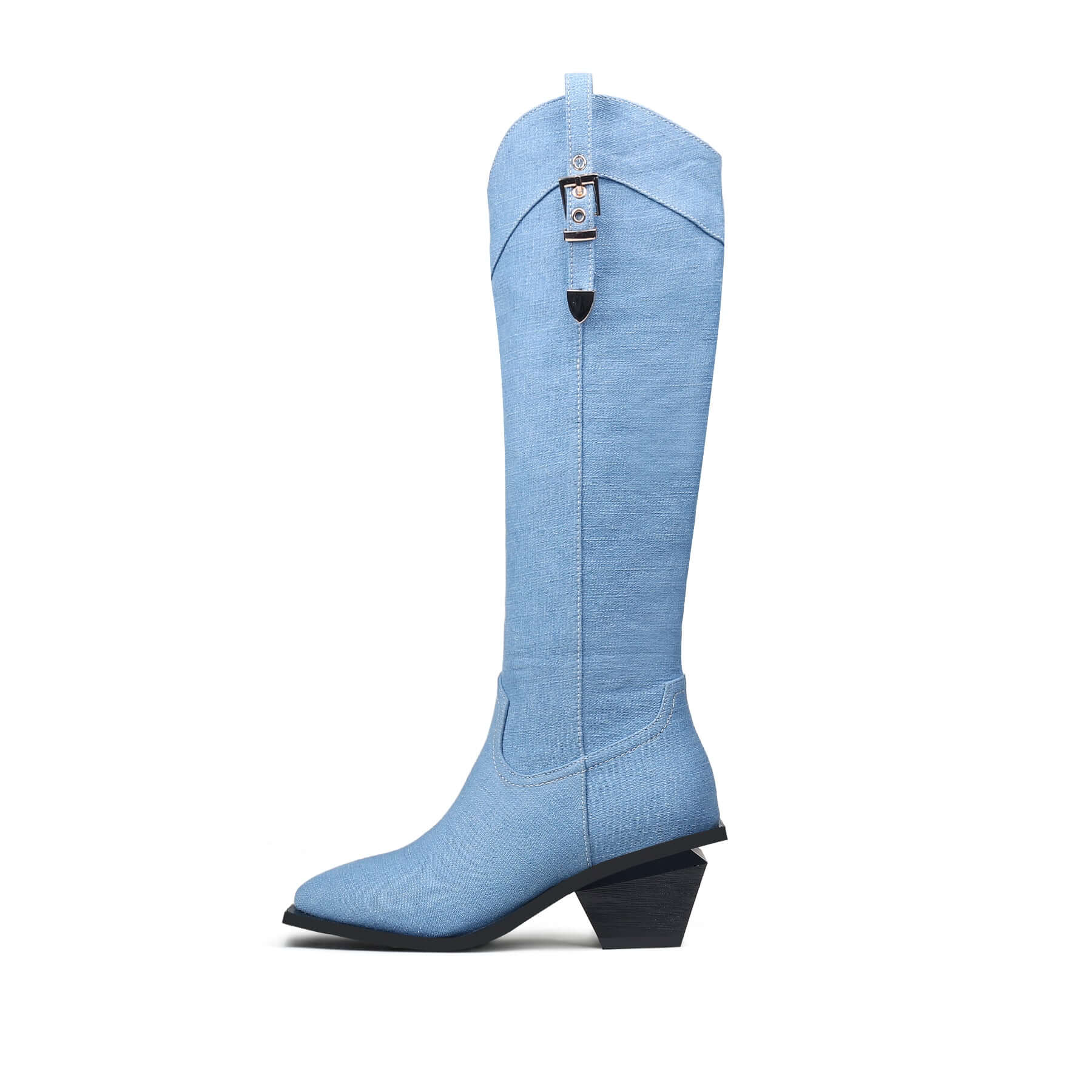 Belted Denim Knee-High Cowgirl Boots-0