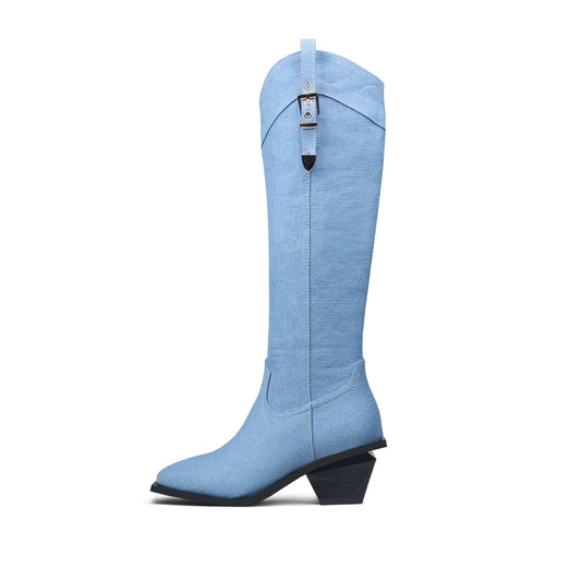 Belted Denim Knee-High Cowgirl Boots-0