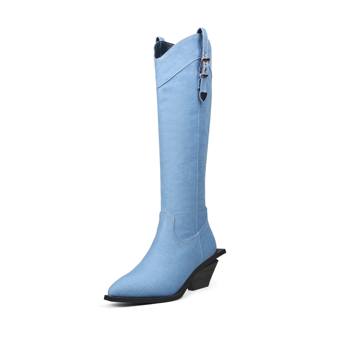 Belted Denim Knee-High Cowgirl Boots-1