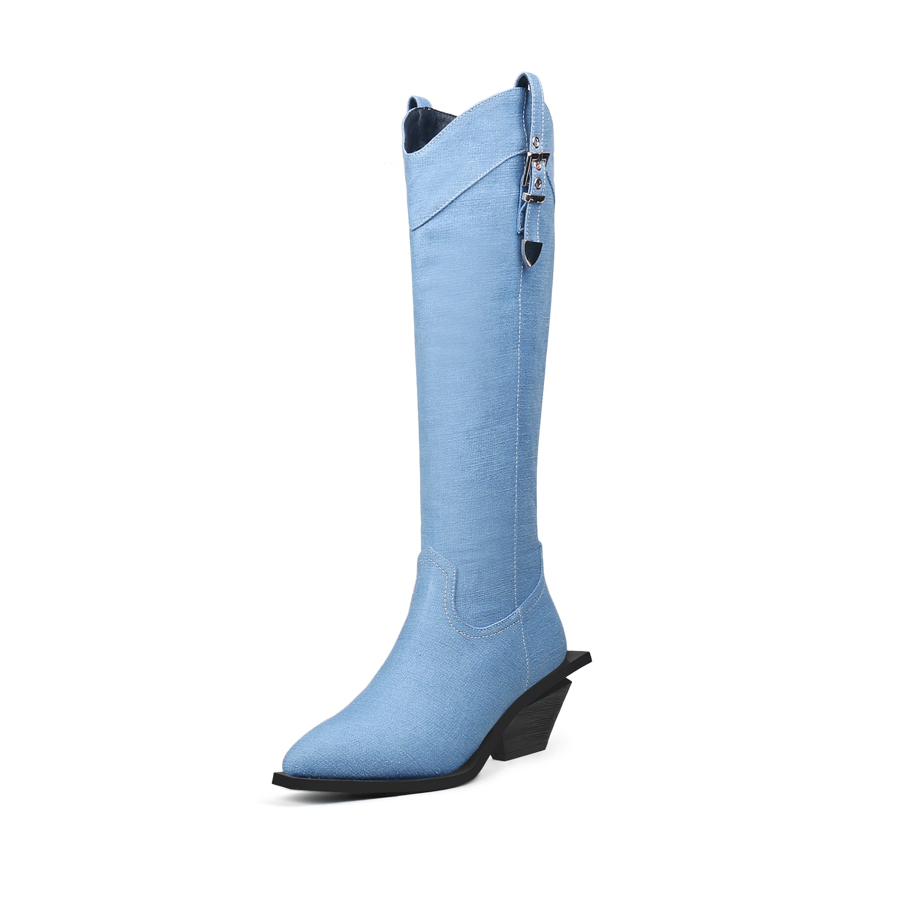 Belted Denim Knee-High Cowgirl Boots-1