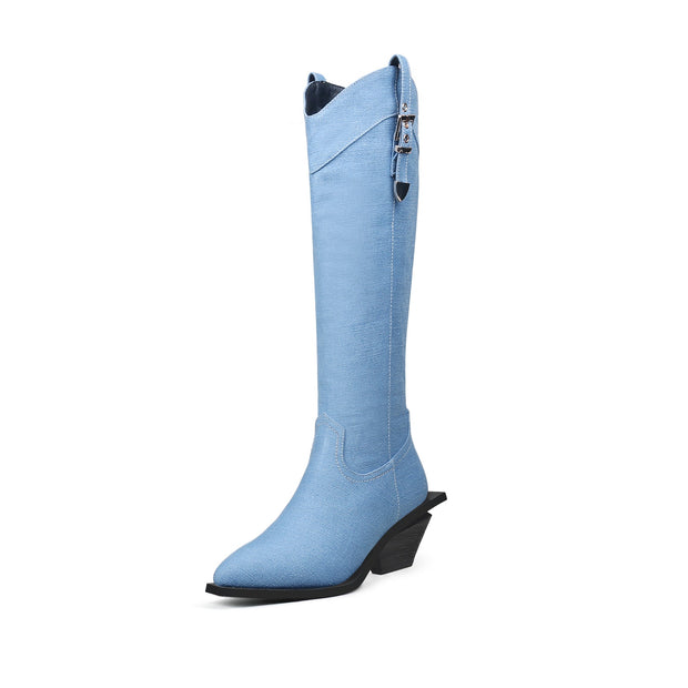 Belted Denim Knee-High Cowgirl Boots-1