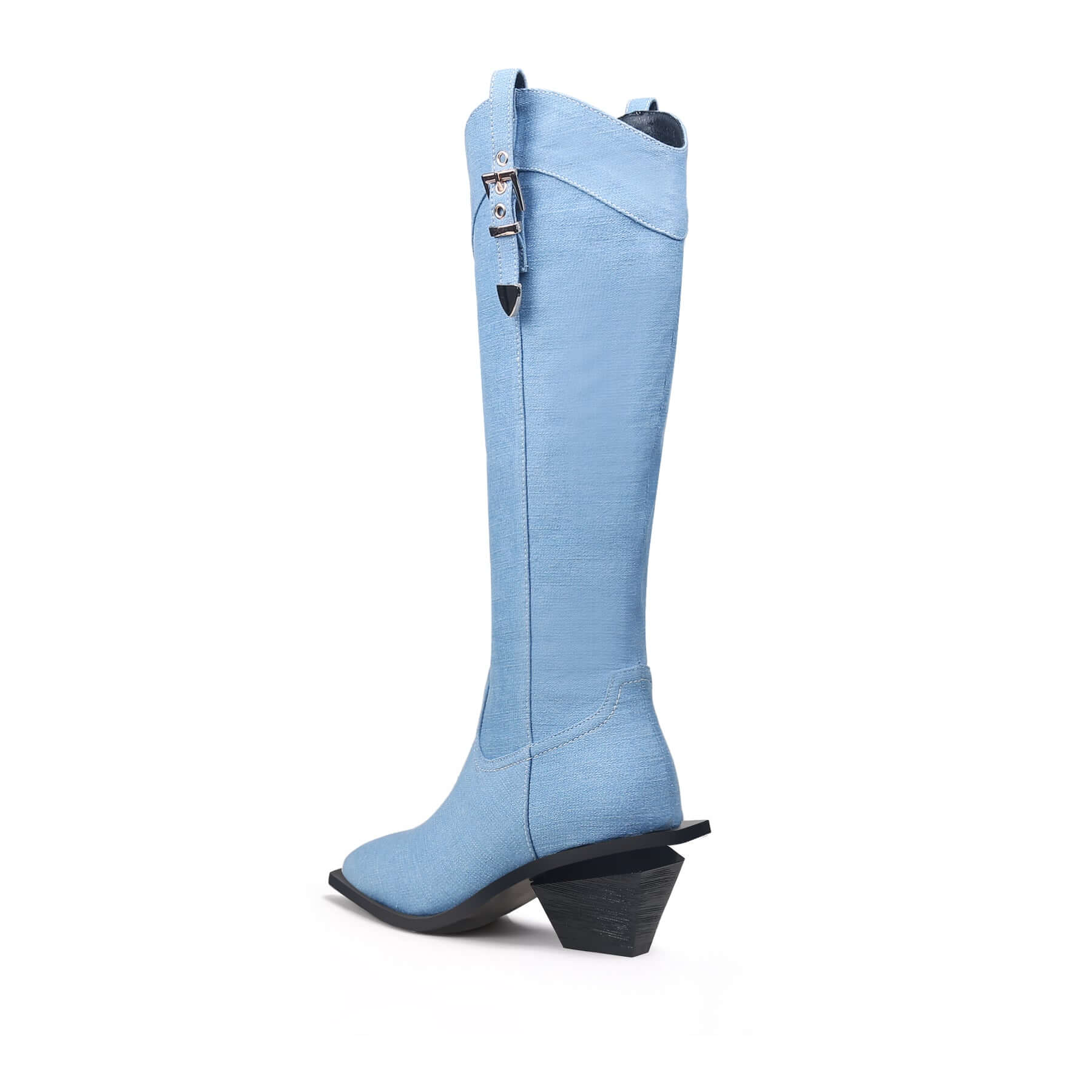 Belted Denim Knee-High Cowgirl Boots-3