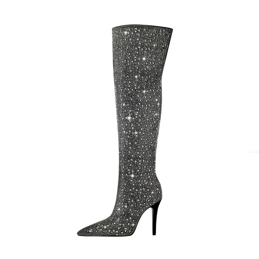 Black and Silver Embellished Knee High Boots-0