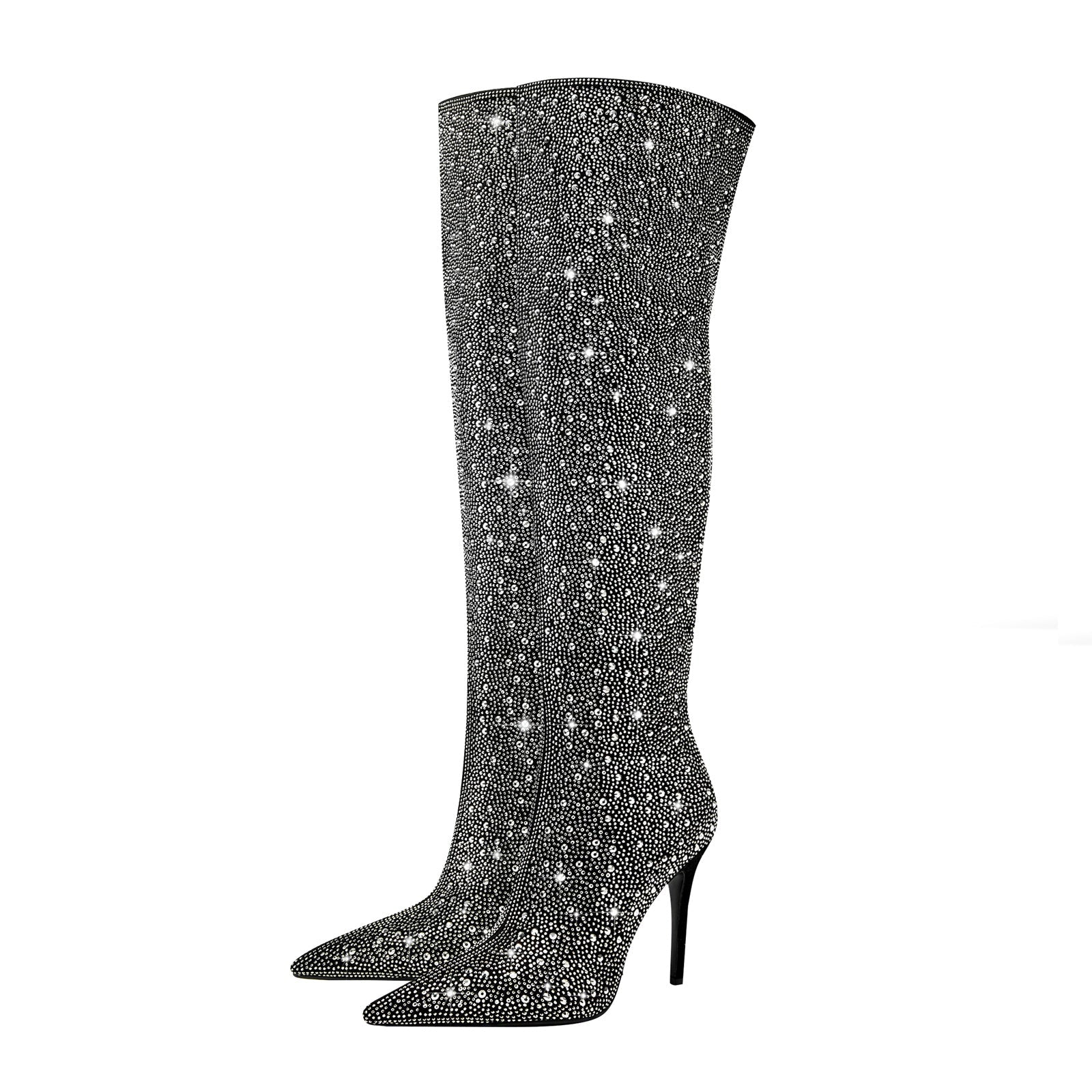 Black and Silver Embellished Knee High Boots-3