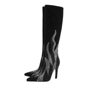 Black and Silver Flaming Hot Knee High Boots-3