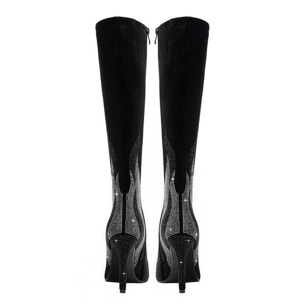 Black and Silver Flaming Hot Knee High Boots-4