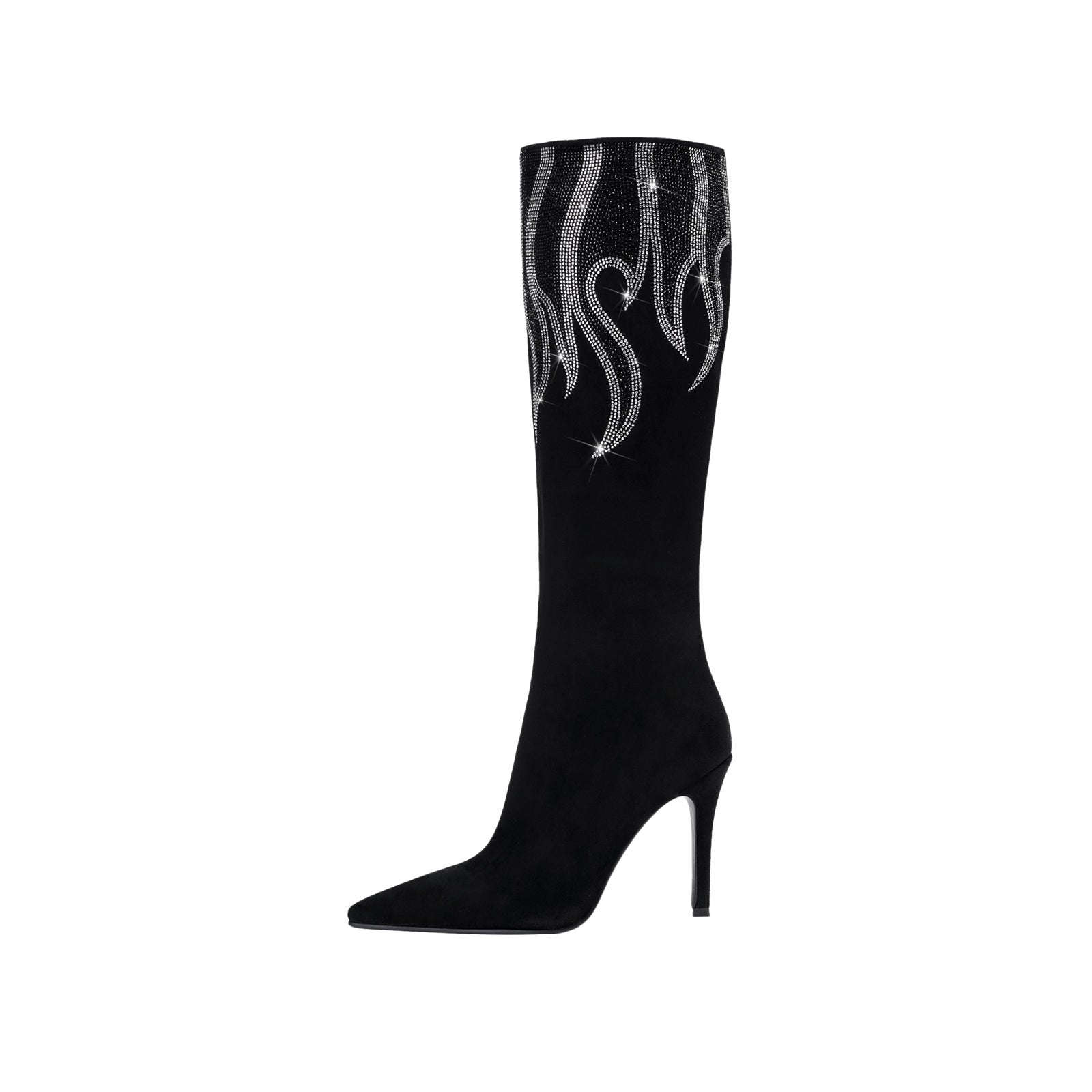Black and Sliver Flame Pointed Toe Knee High Boots-0