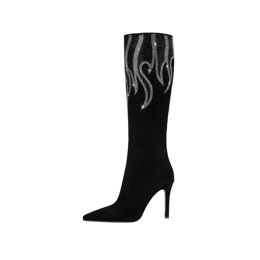 Black and Sliver Flame Pointed Toe Knee High Boots-0