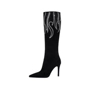 Black and Sliver Flame Pointed Toe Knee High Boots-0