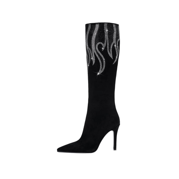Black and Sliver Flame Pointed Toe Knee High Boots-0